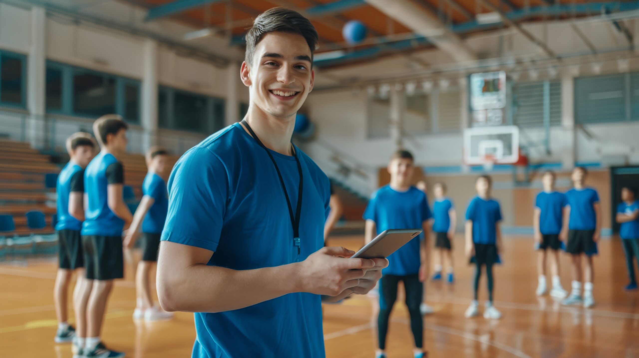 Entrenador deportivo utilizando una tablet en un gimnasio